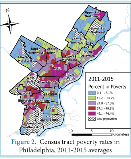 Figure 2, “Census tract poverty rates in Philadelphia, 2011-2015 averages.”